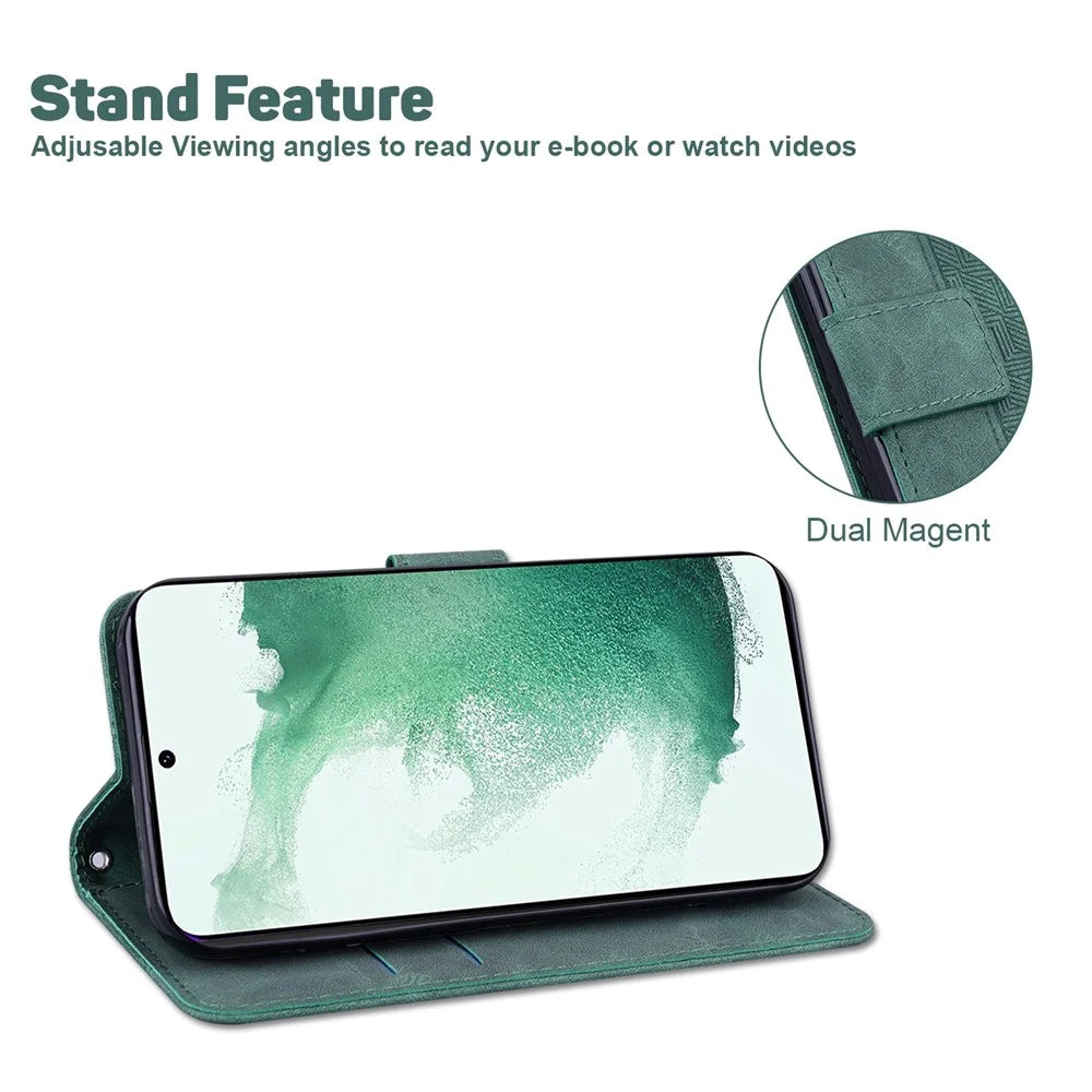 PU Leather Protective Shell for Samsung Galaxy M13 4G, Geometry Imprinted Shockproof Case Phone Stand Wallet Cover with Strap - Green - 3