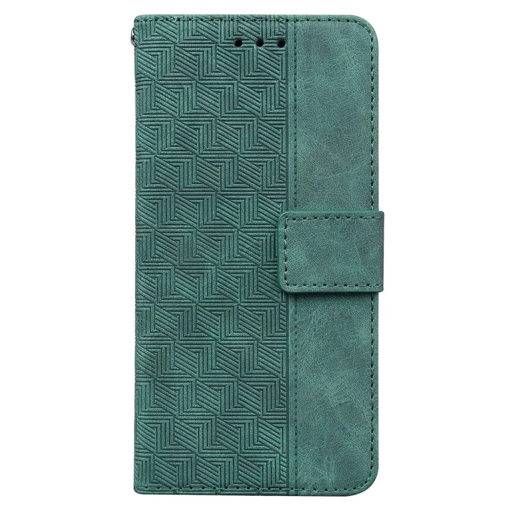 PU Leather Protective Shell for Samsung Galaxy M13 4G, Geometry Imprinted Shockproof Case Phone Stand Wallet Cover with Strap - Green - 6