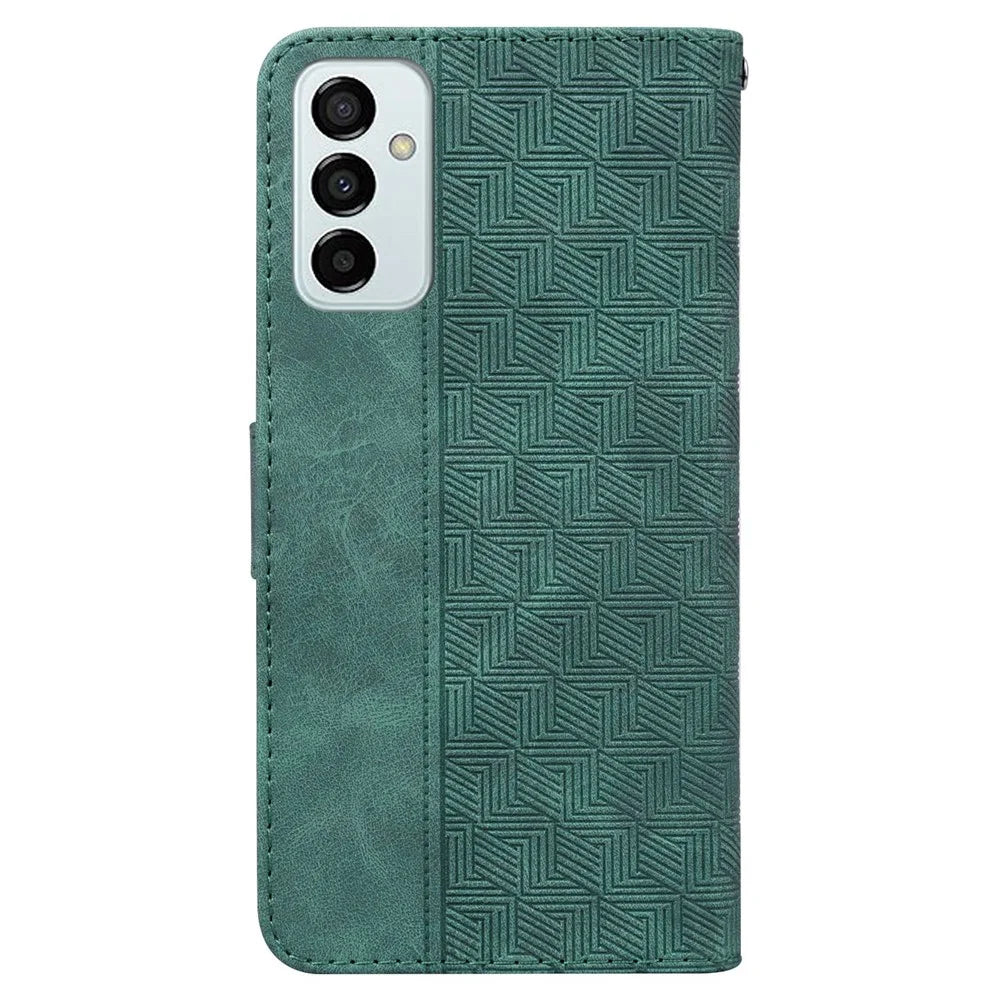 PU Leather Protective Shell for Samsung Galaxy M13 4G, Geometry Imprinted Shockproof Case Phone Stand Wallet Cover with Strap - Green - 7