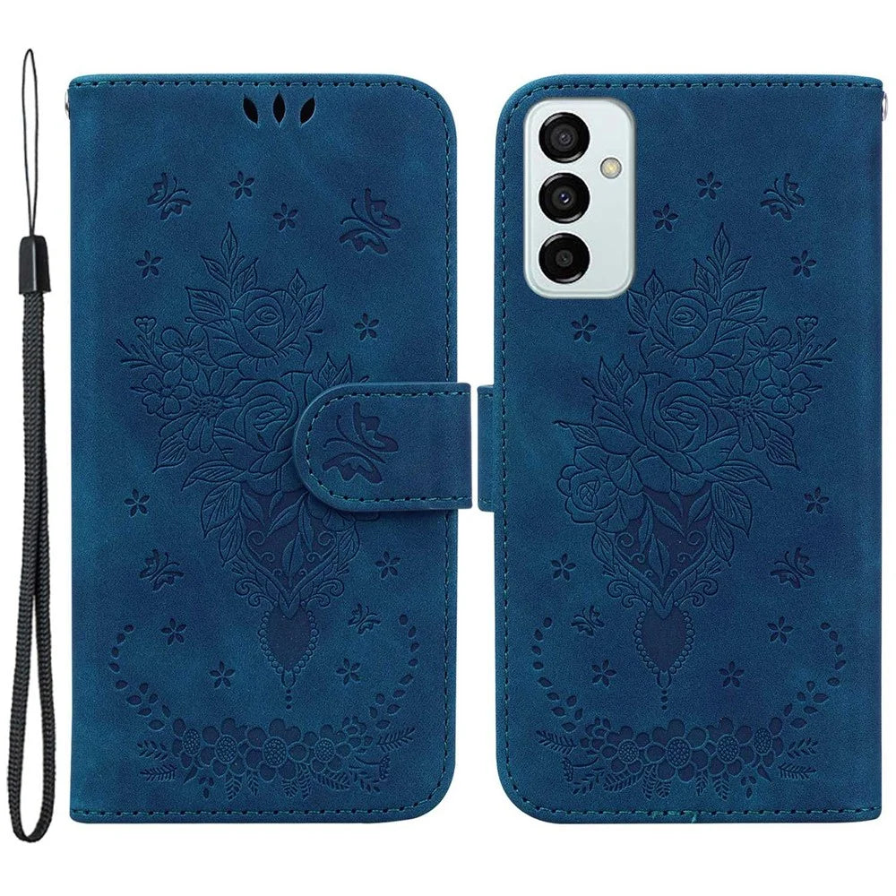 PU Leather Phone Case for Samsung Galaxy M13 4G, Rose Butterfly Imprinted Protective Cover Flip Folio Stand Wallet Shell with Strap - Blue - 1