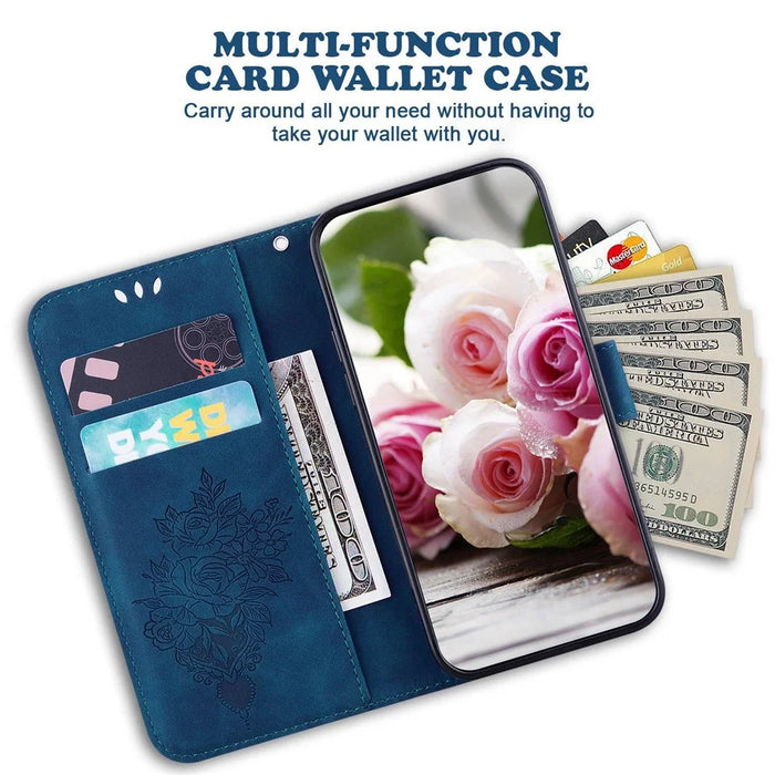 PU Leather Phone Case for Samsung Galaxy M13 4G, Rose Butterfly Imprinted Protective Cover Flip Folio Stand Wallet Shell with Strap - Blue - 2