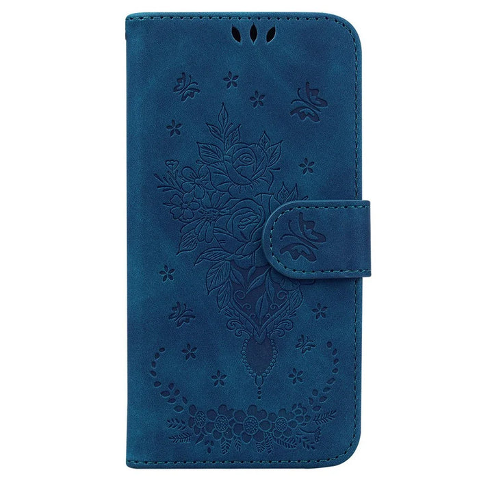 PU Leather Phone Case for Samsung Galaxy M13 4G, Rose Butterfly Imprinted Protective Cover Flip Folio Stand Wallet Shell with Strap - Blue - 6