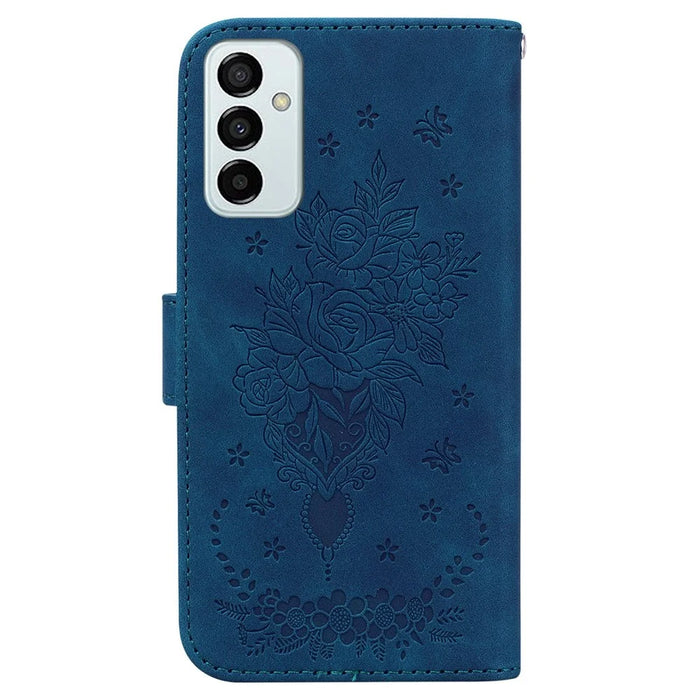 PU Leather Phone Case for Samsung Galaxy M13 4G, Rose Butterfly Imprinted Protective Cover Flip Folio Stand Wallet Shell with Strap - Blue - 7