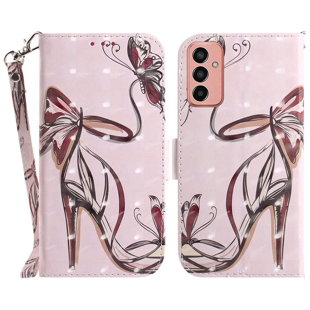 For Samsung Galaxy M13 4G PU Leather Phone Foldable Stand Wallet Case 3D Pattern Printing Protective Cover with Strap - Butterfly High Heels - 1