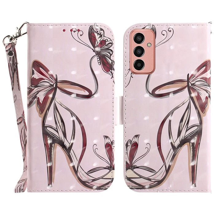 For Samsung Galaxy M13 4G PU Leather Phone Foldable Stand Wallet Case 3D Pattern Printing Protective Cover with Strap - Butterfly High Heels - 1