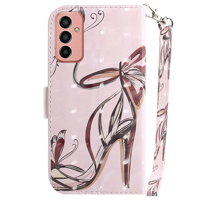 For Samsung Galaxy M13 4G PU Leather Phone Foldable Stand Wallet Case 3D Pattern Printing Protective Cover with Strap - Butterfly High Heels - 7
