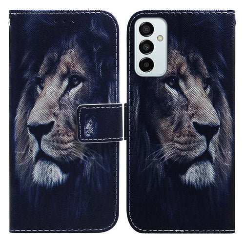 Leather Protective Case for Samsung Galaxy M13 4G, Stylish Pattern Printing Phone Cover Foldable Stand Wallet Shell - Lion - 1