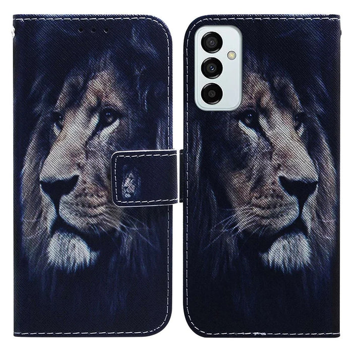 Leather Protective Case for Samsung Galaxy M13 4G, Stylish Pattern Printing Phone Cover Foldable Stand Wallet Shell - Lion - 1