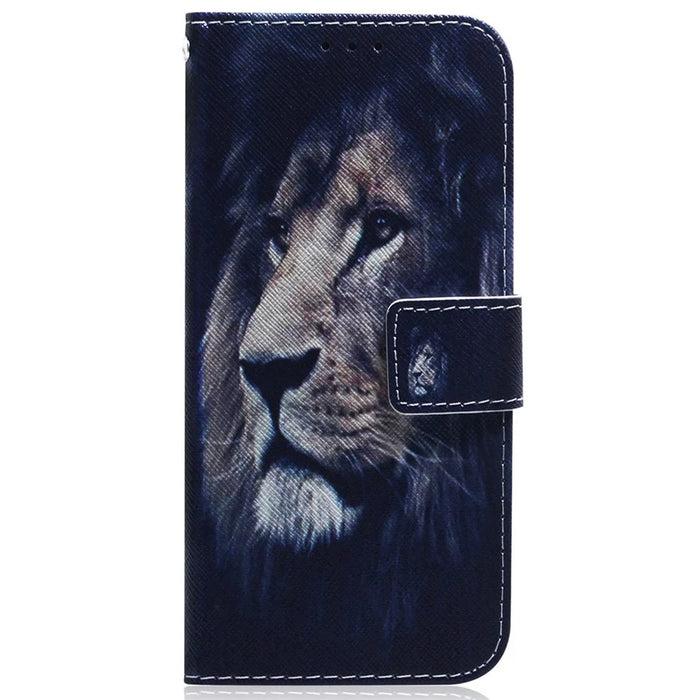 Leather Protective Case for Samsung Galaxy M13 4G, Stylish Pattern Printing Phone Cover Foldable Stand Wallet Shell - Lion - 7