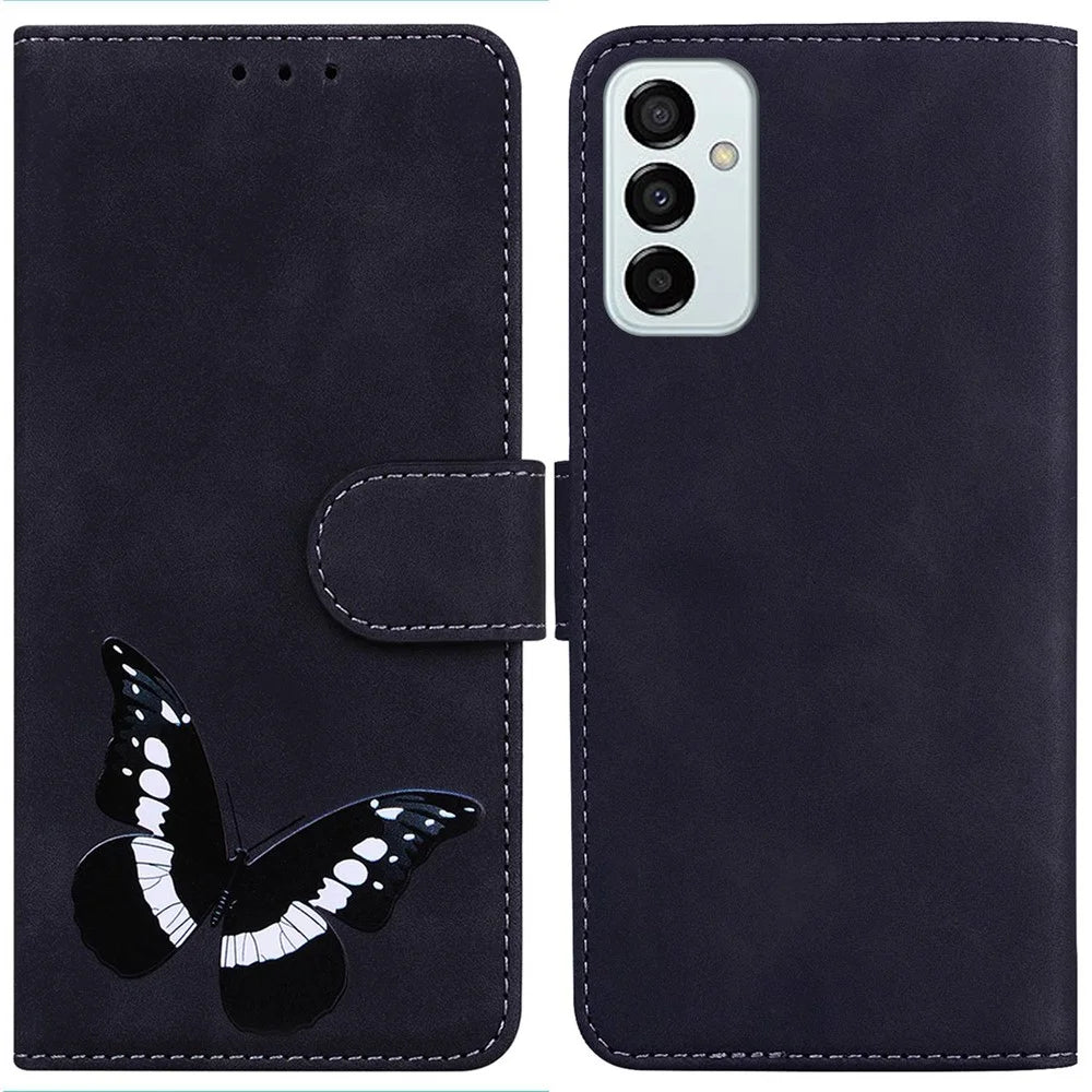 For Samsung Galaxy M13 4G Butterfly Pattern Printing PU Leather Magnetic Clasp Case Skin-touch Full Protection Cover with Wallet Stand - Black - 1