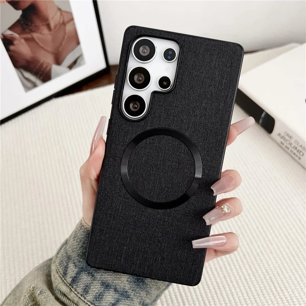 For Samsung Galaxy S25 Ultra Magnetic Case Drop-Proof TPU + Cloth Back Phone Cover - Black - 2