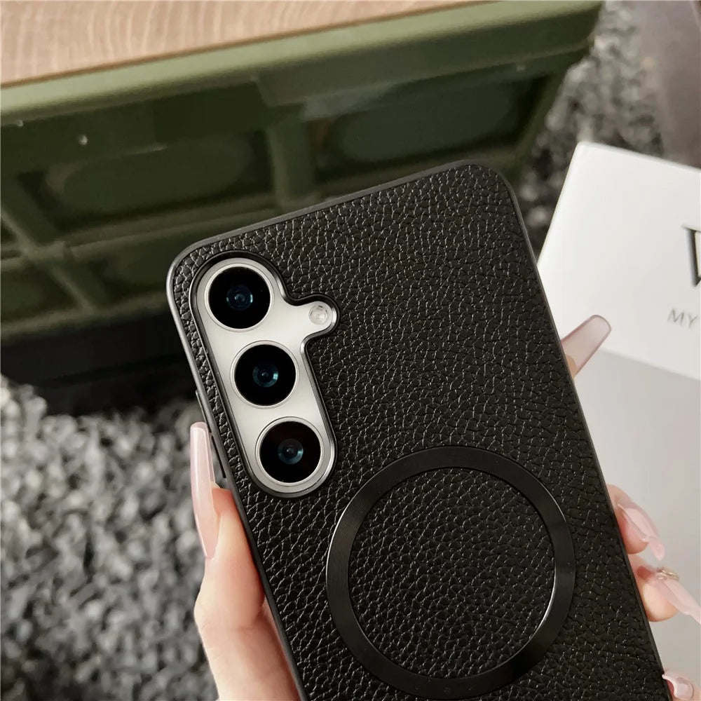 For Samsung Galaxy S25+ Magnetic Case Litchi Texture PU Leather + TPU Phone Back Cover - Black - 4
