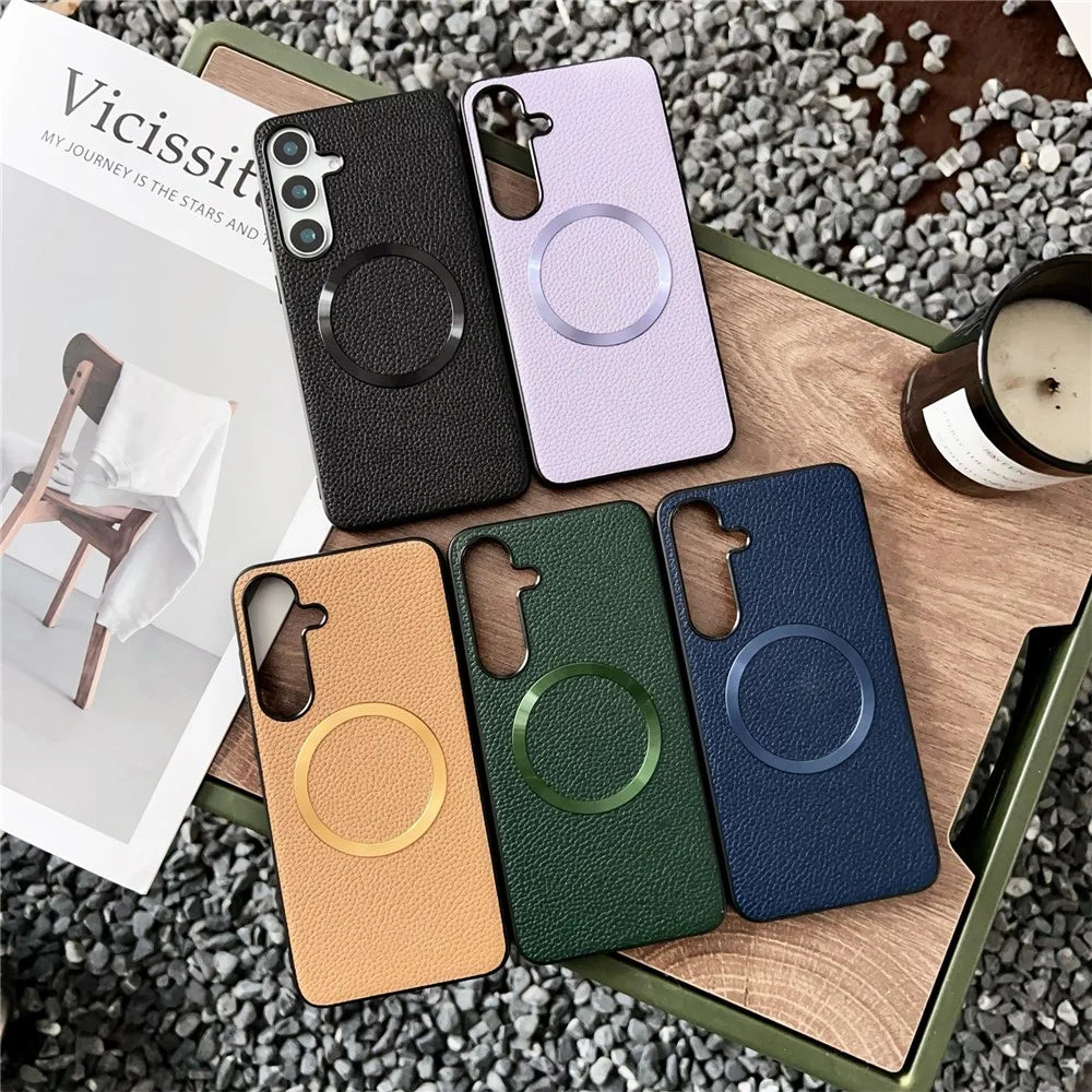 For Samsung Galaxy S25+ Magnetic Case Litchi Texture PU Leather + TPU Phone Back Cover - Black - 7
