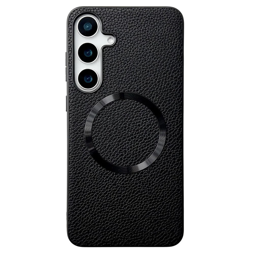 For Samsung Galaxy S25 Magnetic Case Litchi Texture PU Leather + TPU Phone Back Cover - Black - 1
