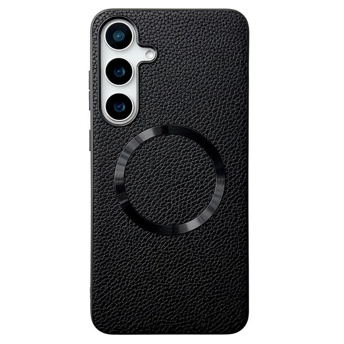 For Samsung Galaxy S25 Magnetic Case Litchi Texture PU Leather + TPU Phone Back Cover - Black - 1