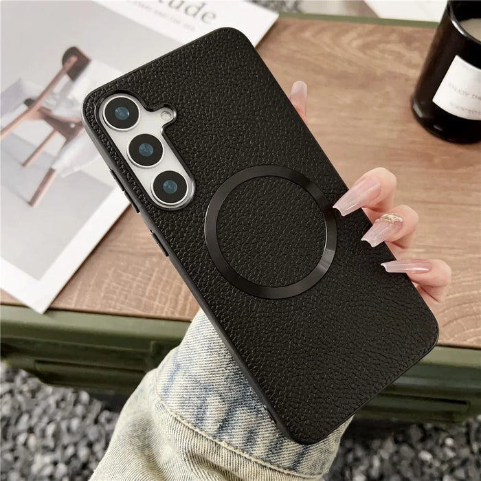 For Samsung Galaxy S25 Magnetic Case Litchi Texture PU Leather + TPU Phone Back Cover - Black - 2