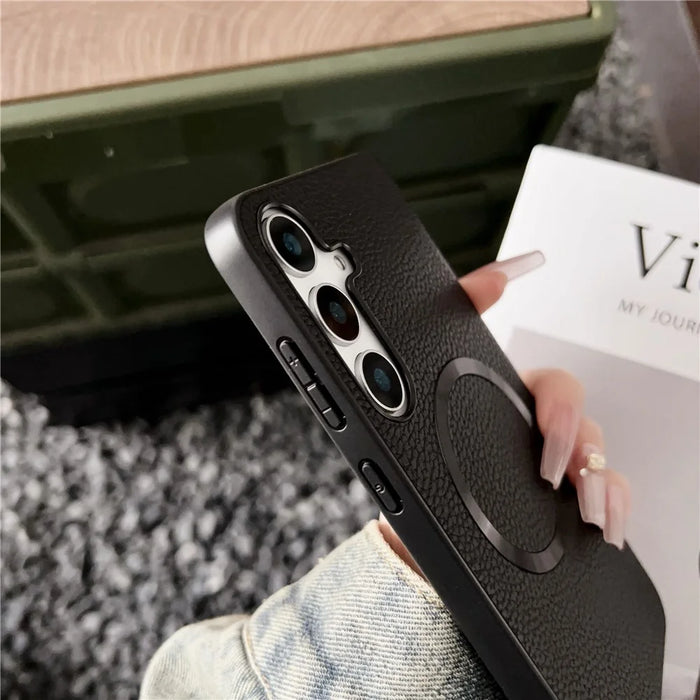 For Samsung Galaxy S25 Magnetic Case Litchi Texture PU Leather + TPU Phone Back Cover - Black - 5