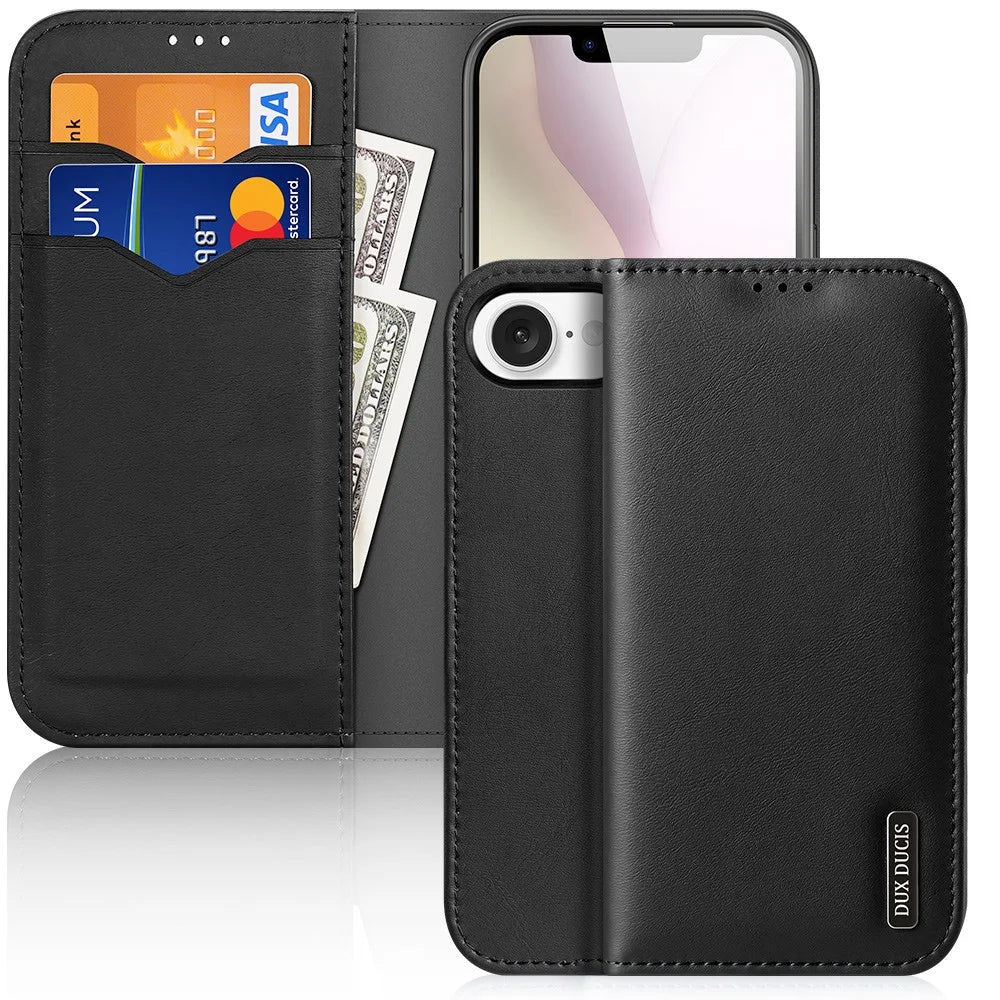 DUX DUCIS For iPhone 17e / 16e Case  Hivo Series Cowhide Leather RFID Blocking Wallet Stand Flip Phone Cover - Black - 1