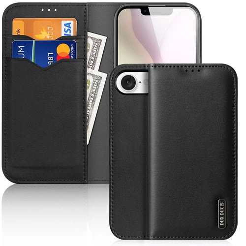 DUX DUCIS For iPhone 17e / 16e Case  Hivo Series Cowhide Leather RFID Blocking Wallet Stand Flip Phone Cover - Black - 1
