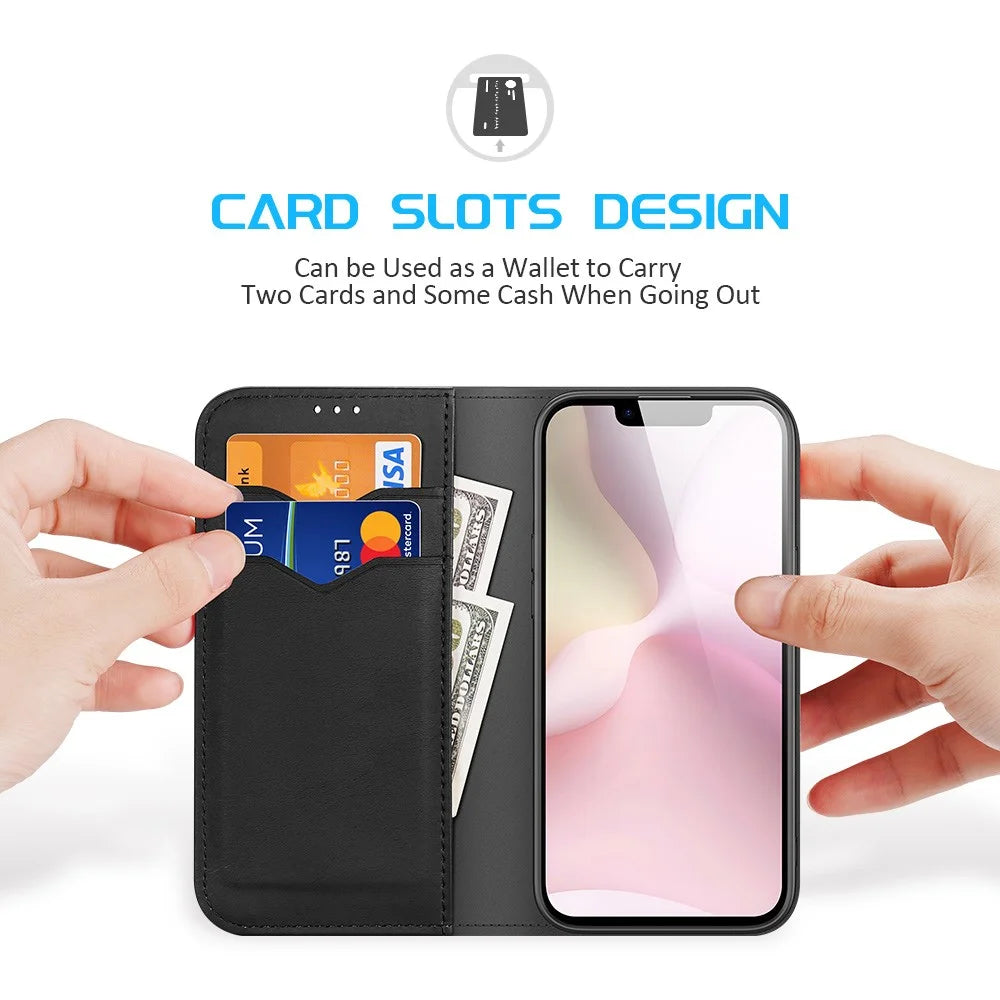 DUX DUCIS For iPhone 17e / 16e Case  Hivo Series Cowhide Leather RFID Blocking Wallet Stand Flip Phone Cover - Black - 2