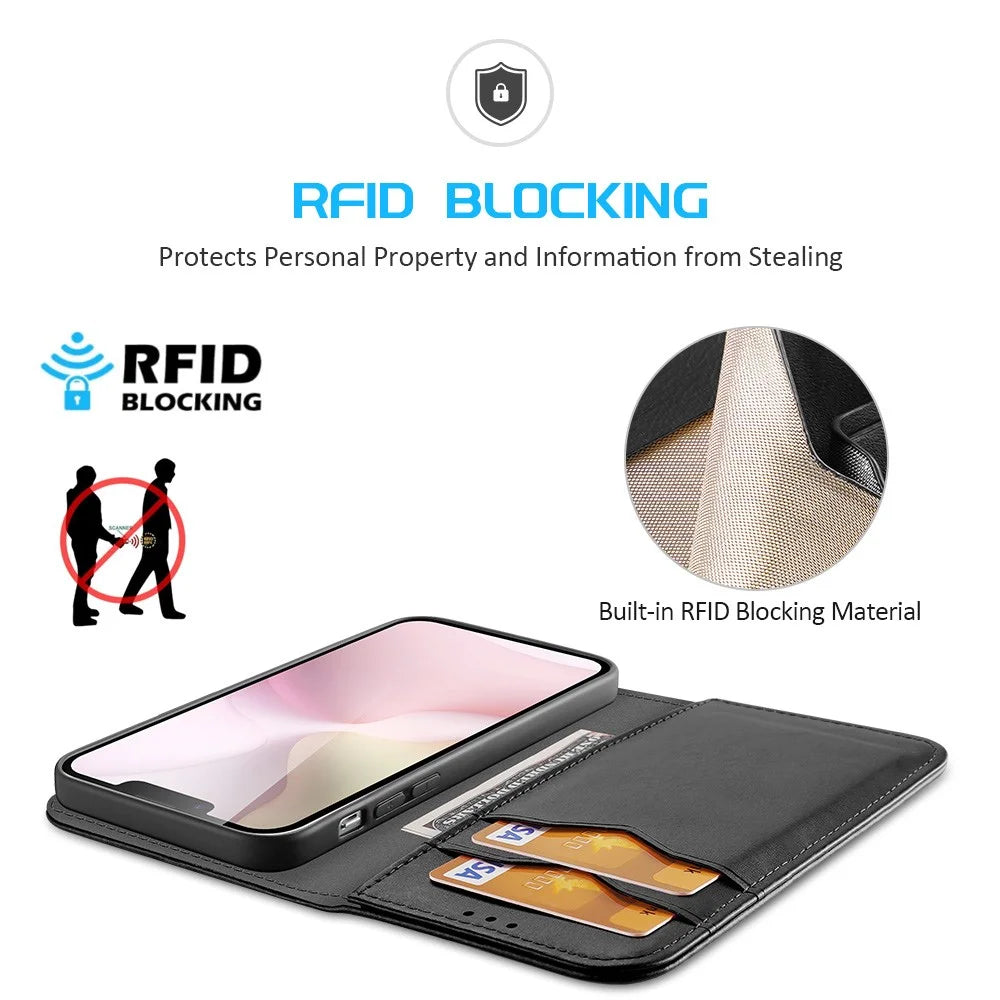 DUX DUCIS For iPhone 17e / 16e Case  Hivo Series Cowhide Leather RFID Blocking Wallet Stand Flip Phone Cover - Black - 3
