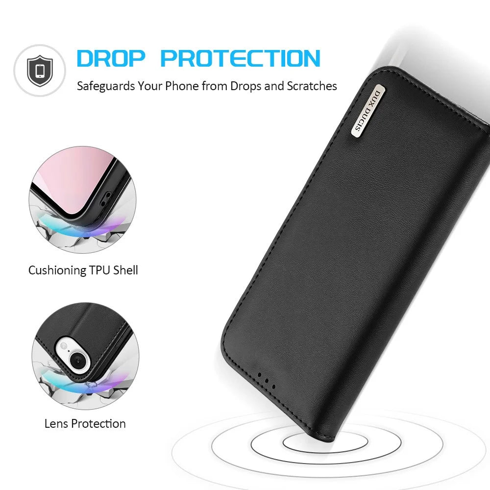 DUX DUCIS For iPhone 17e / 16e Case  Hivo Series Cowhide Leather RFID Blocking Wallet Stand Flip Phone Cover - Black - 4