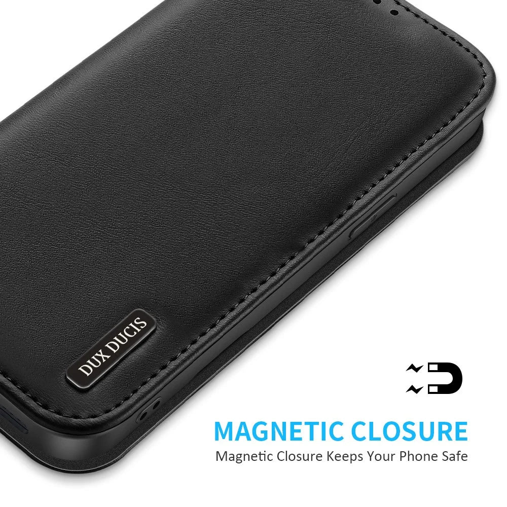 DUX DUCIS For iPhone 17e / 16e Case  Hivo Series Cowhide Leather RFID Blocking Wallet Stand Flip Phone Cover - Black - 5