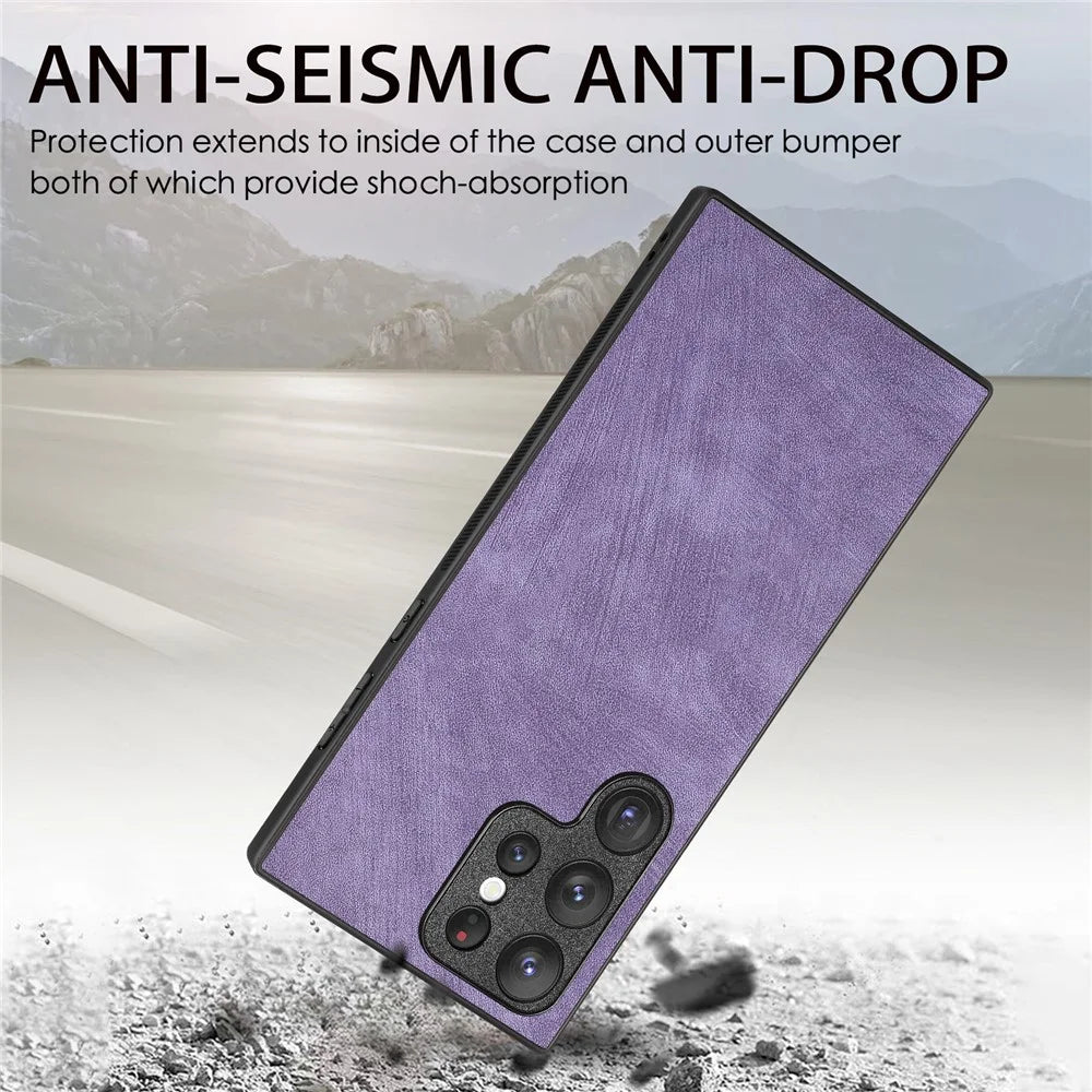For Samsung Galaxy S23 Ultra Case Shockproof Slim Retro Leather Phone Back Cover - Purple - 4