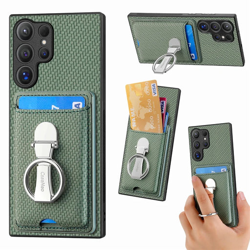CASENEO For Samsung Galaxy S25 Ultra Leather Phone Back Cover with Kickstand and Card Slots Carbon Fiber Texture - Green - 1