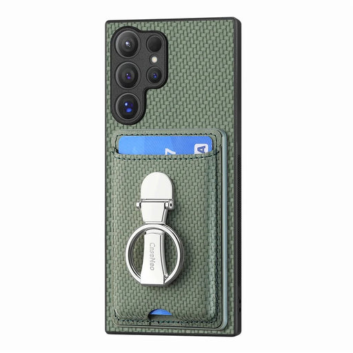 CASENEO For Samsung Galaxy S25 Ultra Leather Phone Back Cover with Kickstand and Card Slots Carbon Fiber Texture - Green - 2