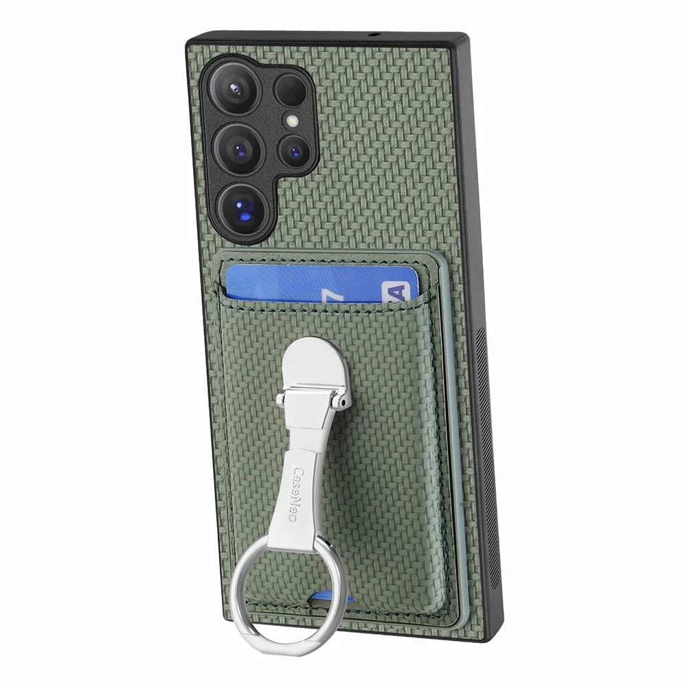 CASENEO For Samsung Galaxy S25 Ultra Leather Phone Back Cover with Kickstand and Card Slots Carbon Fiber Texture - Green - 3