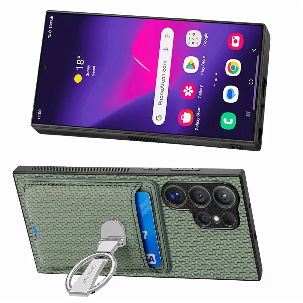CASENEO For Samsung Galaxy S25 Ultra Leather Phone Back Cover with Kickstand and Card Slots Carbon Fiber Texture - Green - 4