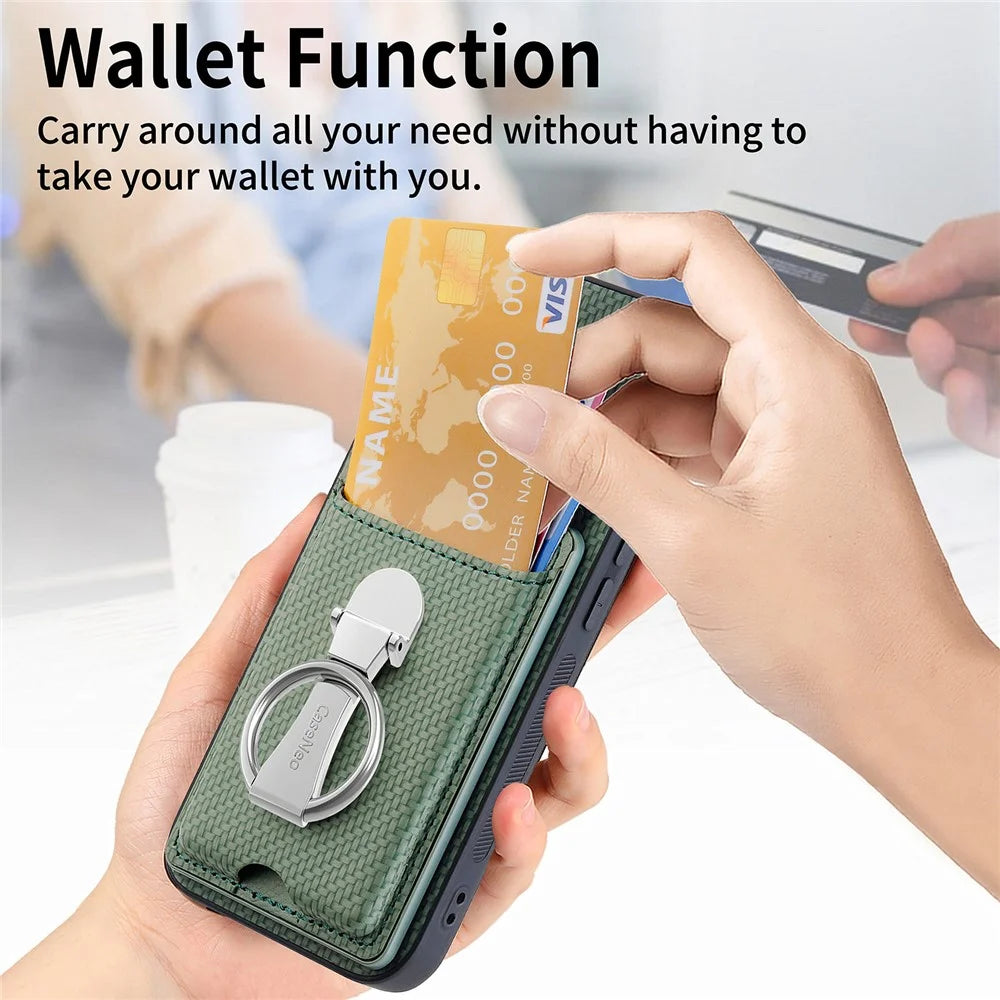 CASENEO For Samsung Galaxy S25 Ultra Leather Phone Back Cover with Kickstand and Card Slots Carbon Fiber Texture - Green - 7