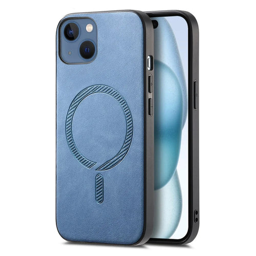 For iPhone 15 Plus Leather Back Case Compatible with MagSafe Skin-touch Phone Cover - Blue - 1