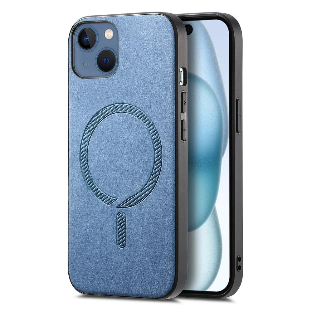 For iPhone 15 Plus Leather Back Case Compatible with MagSafe Skin-touch Phone Cover - Blue - 1