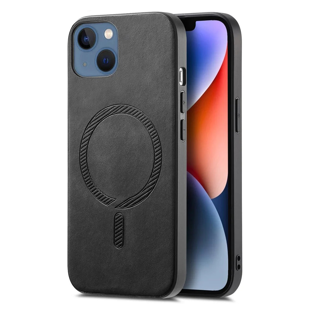 For iPhone 14 Plus Leather Back Case Compatible with MagSafe Skin-touch Phone Cover - Black - 1