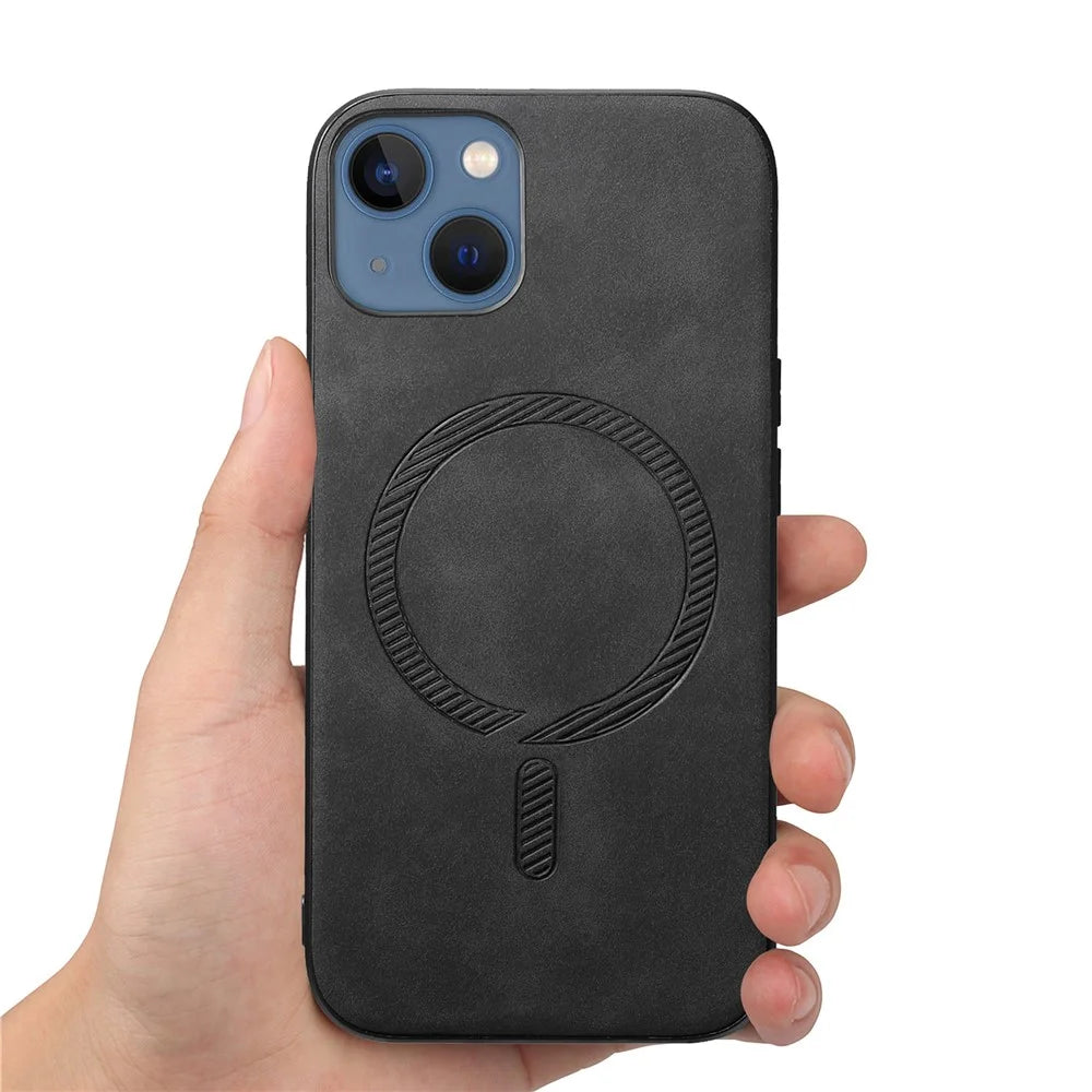 For iPhone 14 Plus Leather Back Case Compatible with MagSafe Skin-touch Phone Cover - Black - 2