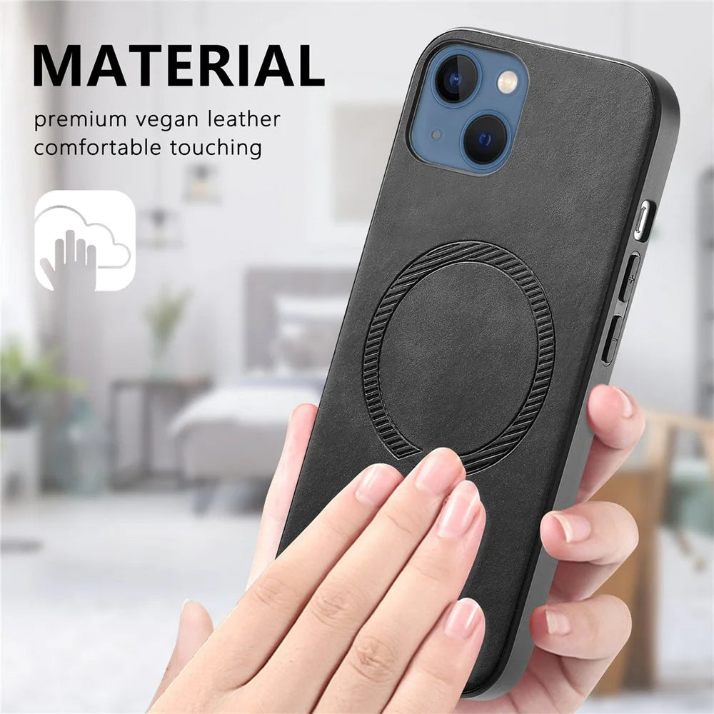 For iPhone 14 Plus Leather Back Case Compatible with MagSafe Skin-touch Phone Cover - Black - 3