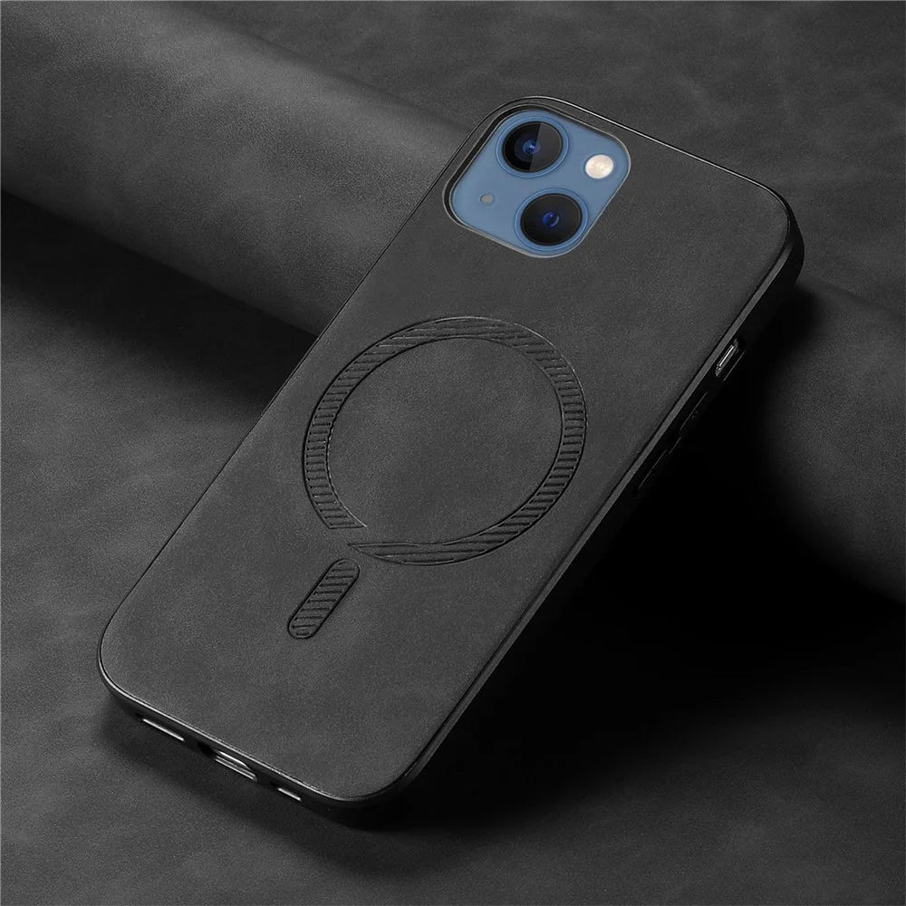 For iPhone 14 Plus Leather Back Case Compatible with MagSafe Skin-touch Phone Cover - Black - 4