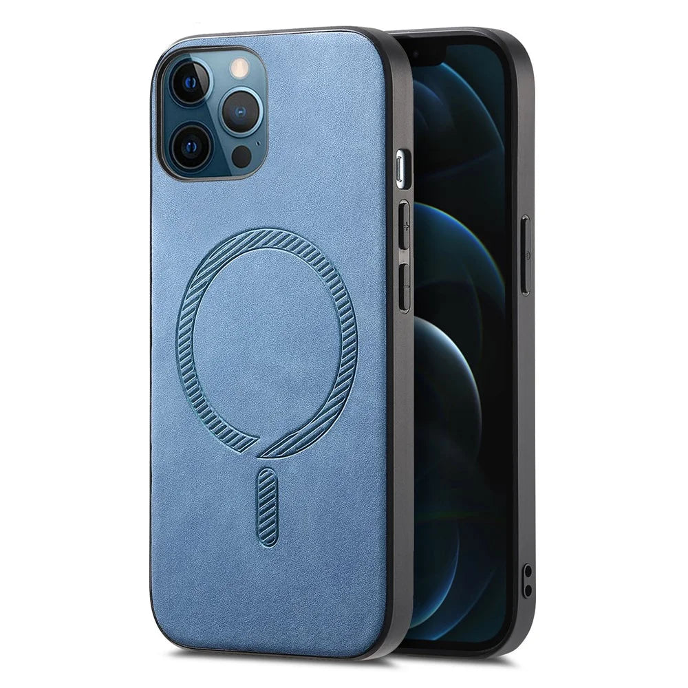 For iPhone 12 Pro Max 6.7 inch Leather Back Case Compatible with MagSafe Skin-touch Phone Cover - Blue - 1