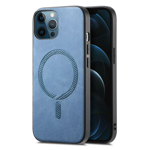 For iPhone 12 Pro Max 6.7 inch Leather Back Case Compatible with MagSafe Skin-touch Phone Cover - Blue - 1