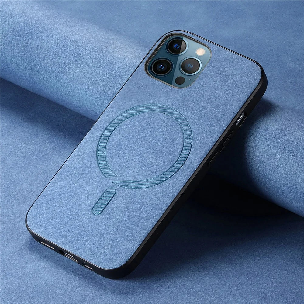 For iPhone 12 Pro Max 6.7 inch Leather Back Case Compatible with MagSafe Skin-touch Phone Cover - Blue - 3