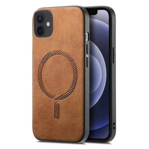 For iPhone 12 6.1 inch Leather Back Case Compatible with MagSafe Skin-touch Phone Cover - Brown - 1