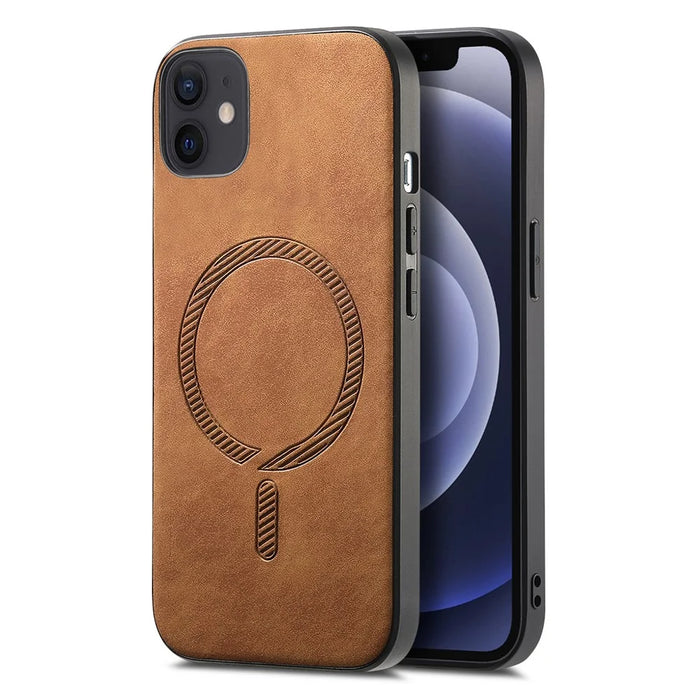 For iPhone 12 6.1 inch Leather Back Case Compatible with MagSafe Skin-touch Phone Cover - Brown - 1