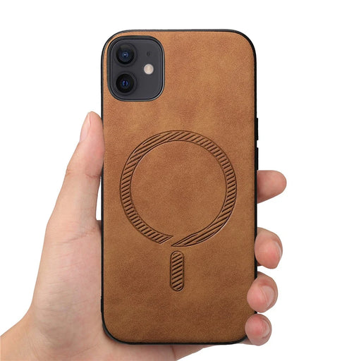 For iPhone 12 6.1 inch Leather Back Case Compatible with MagSafe Skin-touch Phone Cover - Brown - 2