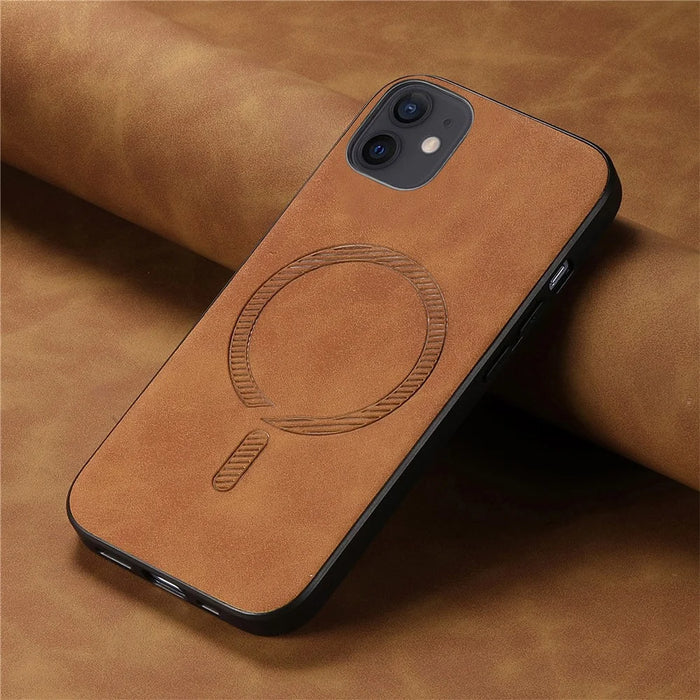 For iPhone 12 6.1 inch Leather Back Case Compatible with MagSafe Skin-touch Phone Cover - Brown - 3