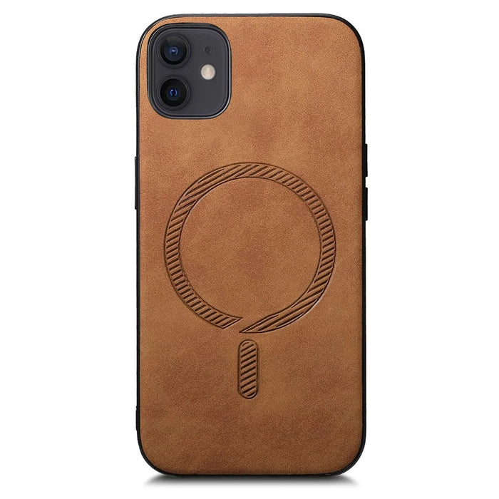 For iPhone 12 6.1 inch Leather Back Case Compatible with MagSafe Skin-touch Phone Cover - Brown - 4
