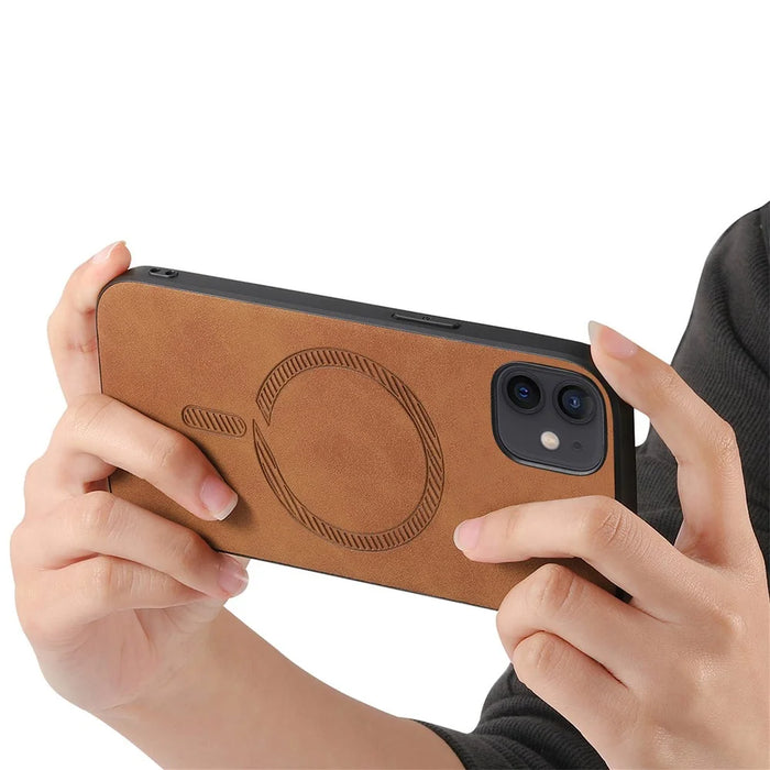 For iPhone 12 6.1 inch Leather Back Case Compatible with MagSafe Skin-touch Phone Cover - Brown - 5