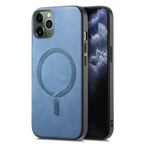 For iPhone 11 Pro Max Leather Back Case Compatible with MagSafe Skin-touch Phone Cover - Blue - 1