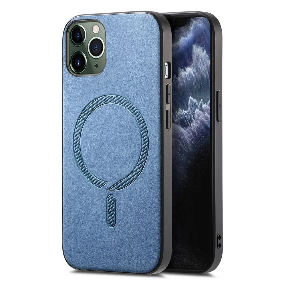 For iPhone 11 Pro Max Leather Back Case Compatible with MagSafe Skin-touch Phone Cover - Blue - 1